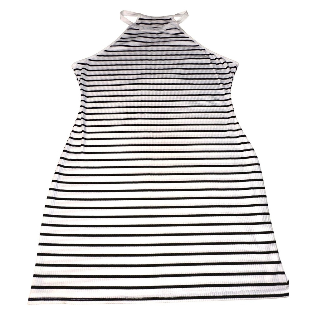 TX7 Women Black White Striped Ribbed Halter Neck Mini Dress Size 2XL Sleeveless